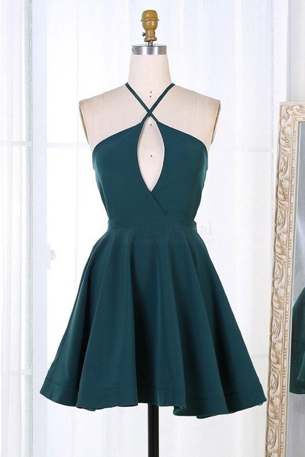 Dark Green Short Satin Homecoming Dresses Party Dresses PD301 Hover Image