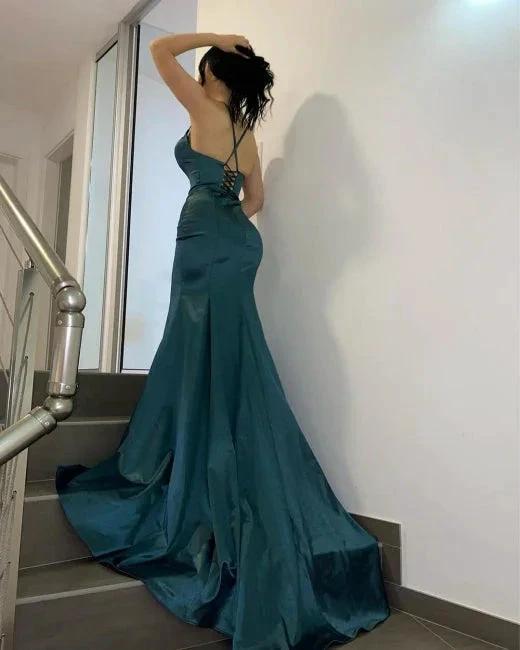 Dark Green Simple V-neck Long Mermaid Prom Dresses by misshow.com