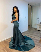 Dark Green Simple V-neck Long Mermaid Prom Dresses by misshow.com
