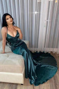 Dark Green Simple V-neck Long Mermaid Prom Dresses by misshow.com