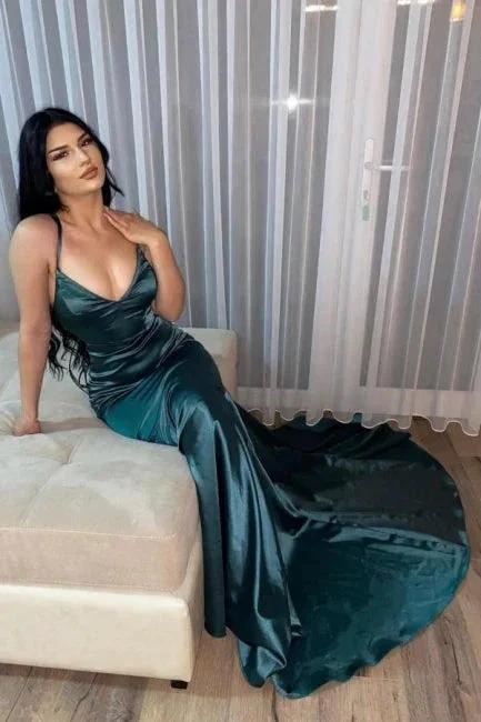 Dark Green Simple V-neck Long Mermaid Prom Dresses by misshow.com