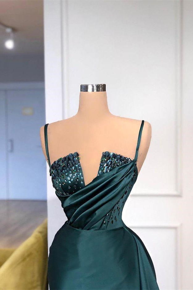 Dark Green Spaghetti-Straps Mermaid Prom Dress Beading Long Party Gowns Main Image
