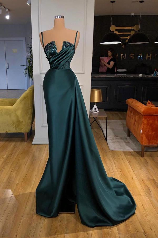 Dark Green Spaghetti-Straps Mermaid Prom Dress Beading Long Party Gowns Hover Image