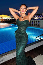Dark Green Sparkly Long Mermaid Sweetheart Sequins Prom Dresses with Slit by BIZTUNNEL