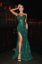 Dark Green Sparkly Long Mermaid Sweetheart Sequins Prom Dresses with Slit by BIZTUNNEL