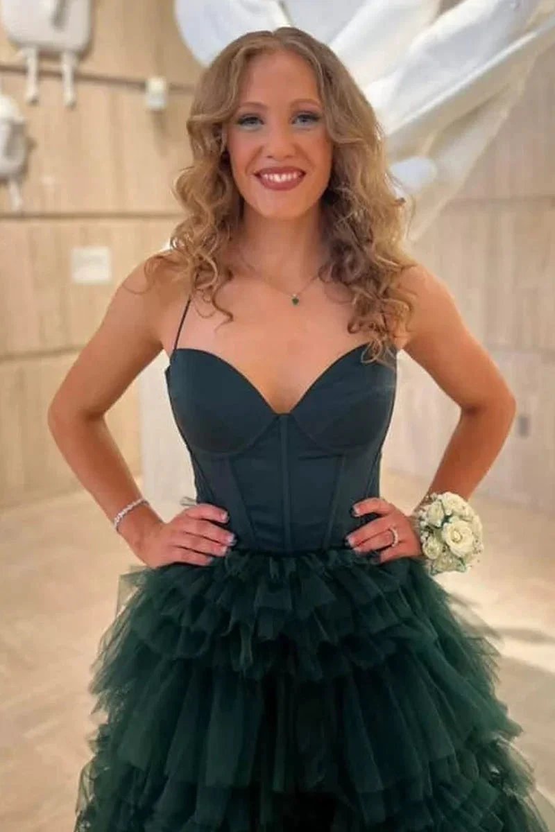 Dark Green Sweetheart Ruffle Tiered Tulle Long Prom Dresses with Slit by Kissprom