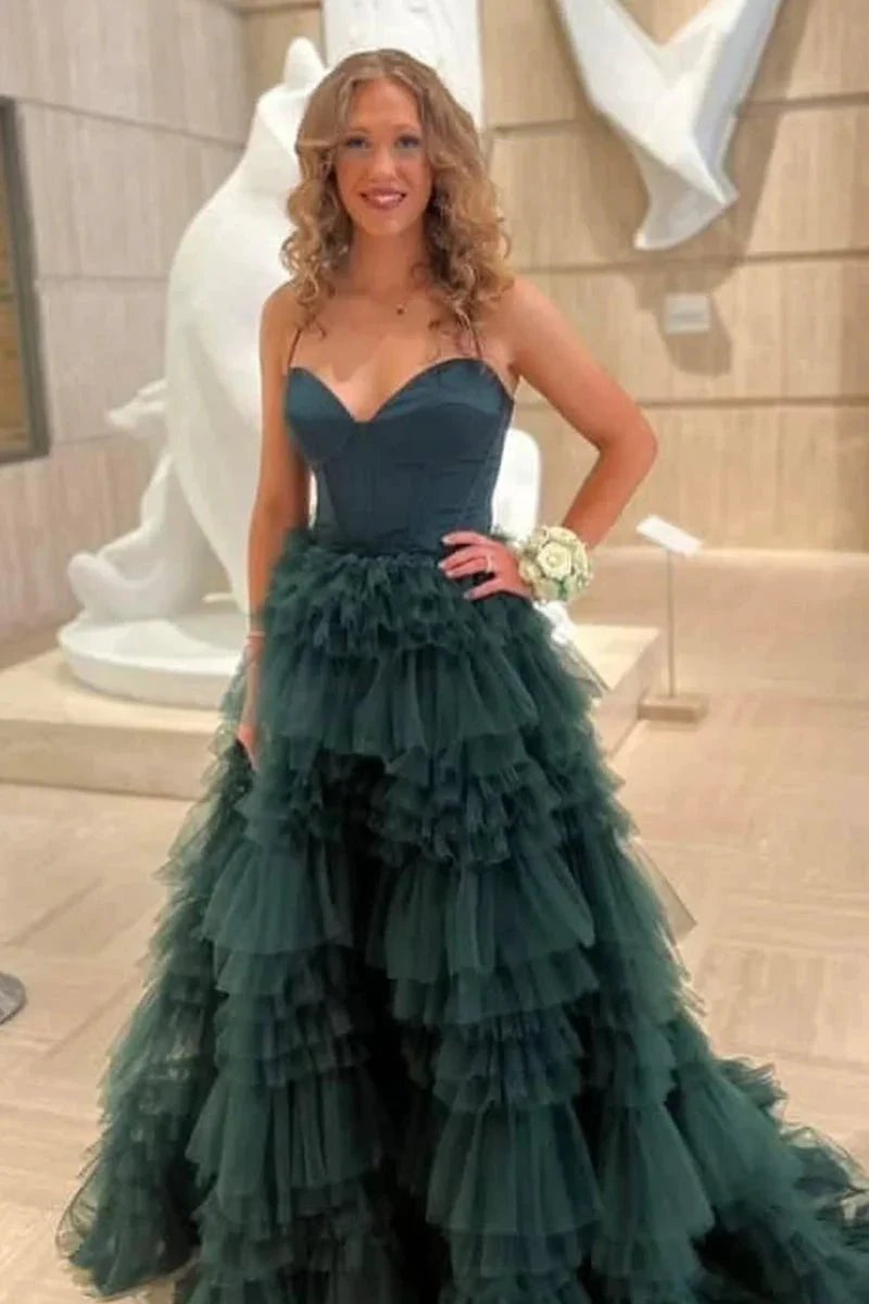 Dark Green Sweetheart Ruffle Tiered Tulle Long Prom Dresses with Slit by Kissprom