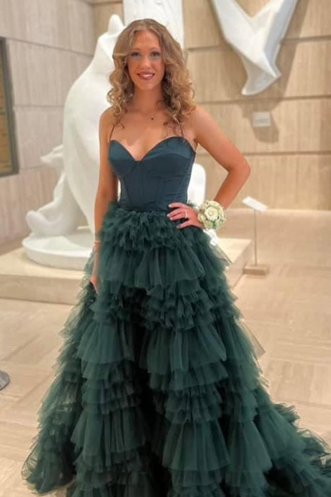 Dark Green Sweetheart Ruffle Tiered Tulle Long Prom Dresses with Slit Hover Image