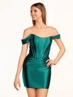 Fuchsia Sheath Off the Shoulder Short Satin Homecoming Dress by KissProm
