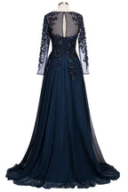 Dark Navy Long A-line Jewel Tulle Formal Evening Dresses with Sleeves by BIZTUNNEL