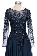 Dark Navy Long A-line Jewel Tulle Formal Evening Dresses with Sleeves by BIZTUNNEL