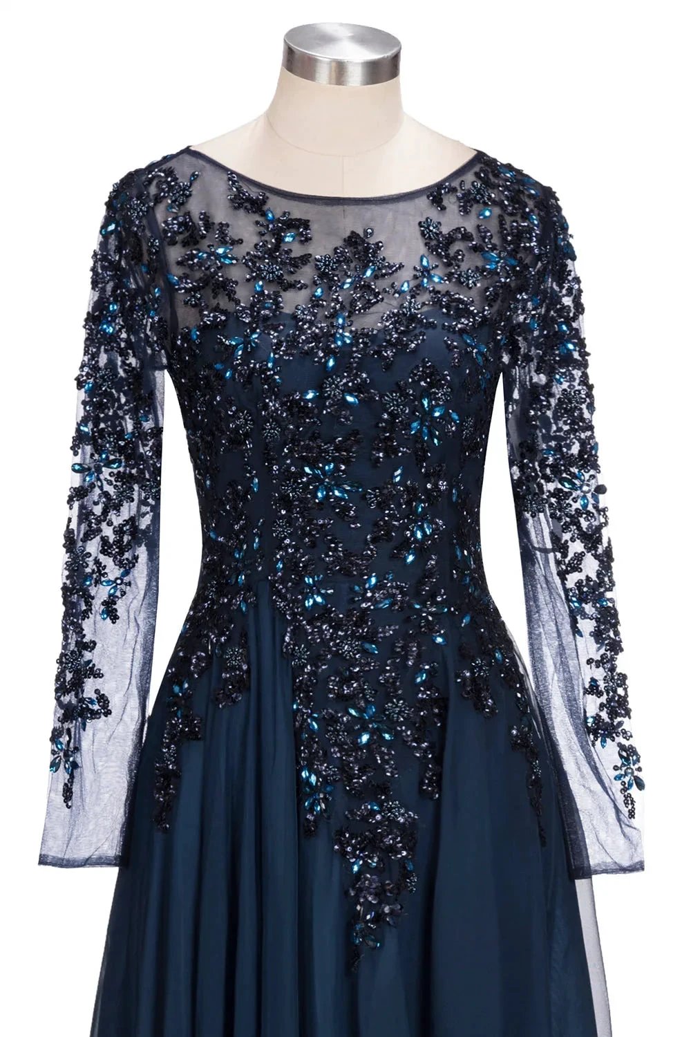 Dark Navy Long A-line Jewel Tulle Formal Evening Dresses with Sleeves by BIZTUNNEL