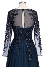 Dark Navy Long A-line Jewel Tulle Formal Evening Dresses with Sleeves by BIZTUNNEL