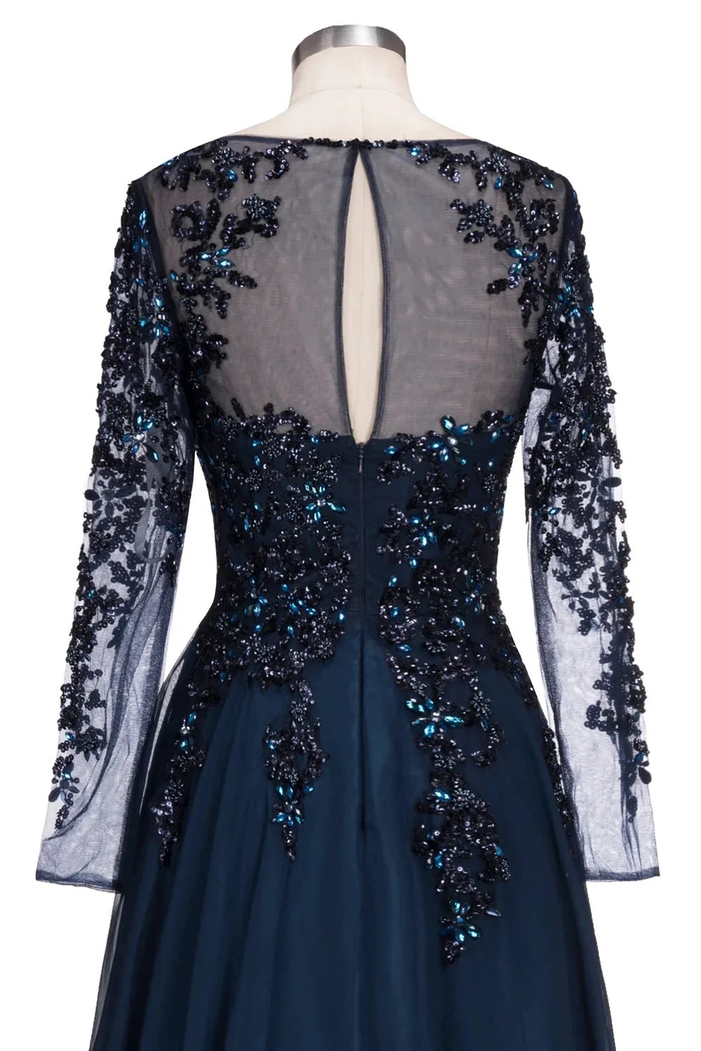 Dark Navy Long A-line Jewel Tulle Formal Evening Dresses with Sleeves by BIZTUNNEL