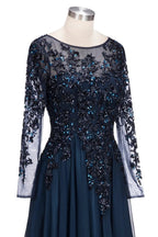 Dark Navy Long A-line Jewel Tulle Formal Evening Dresses with Sleeves by BIZTUNNEL