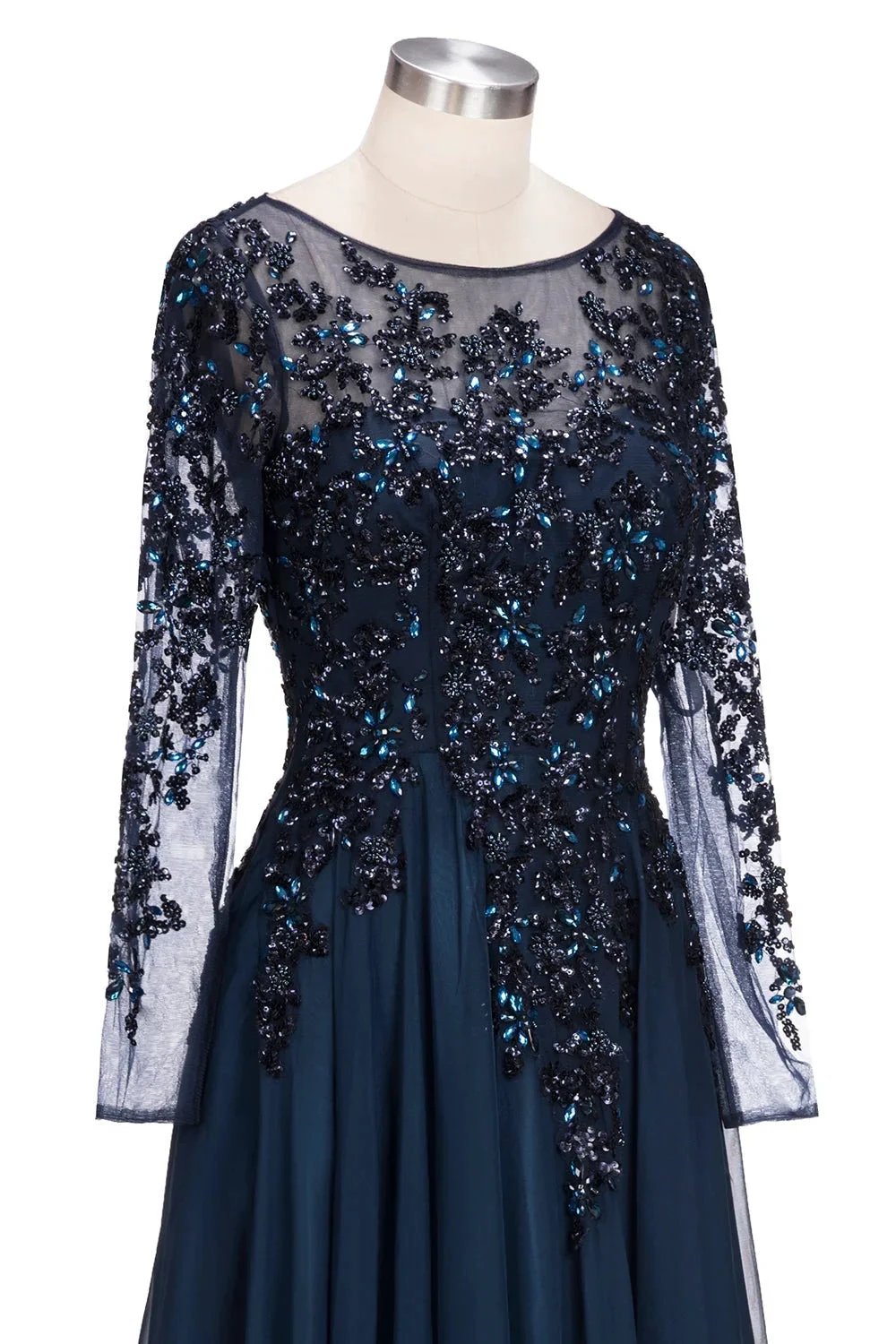 Dark Navy Long A-line Jewel Tulle Formal Evening Dresses with Sleeves by BIZTUNNEL