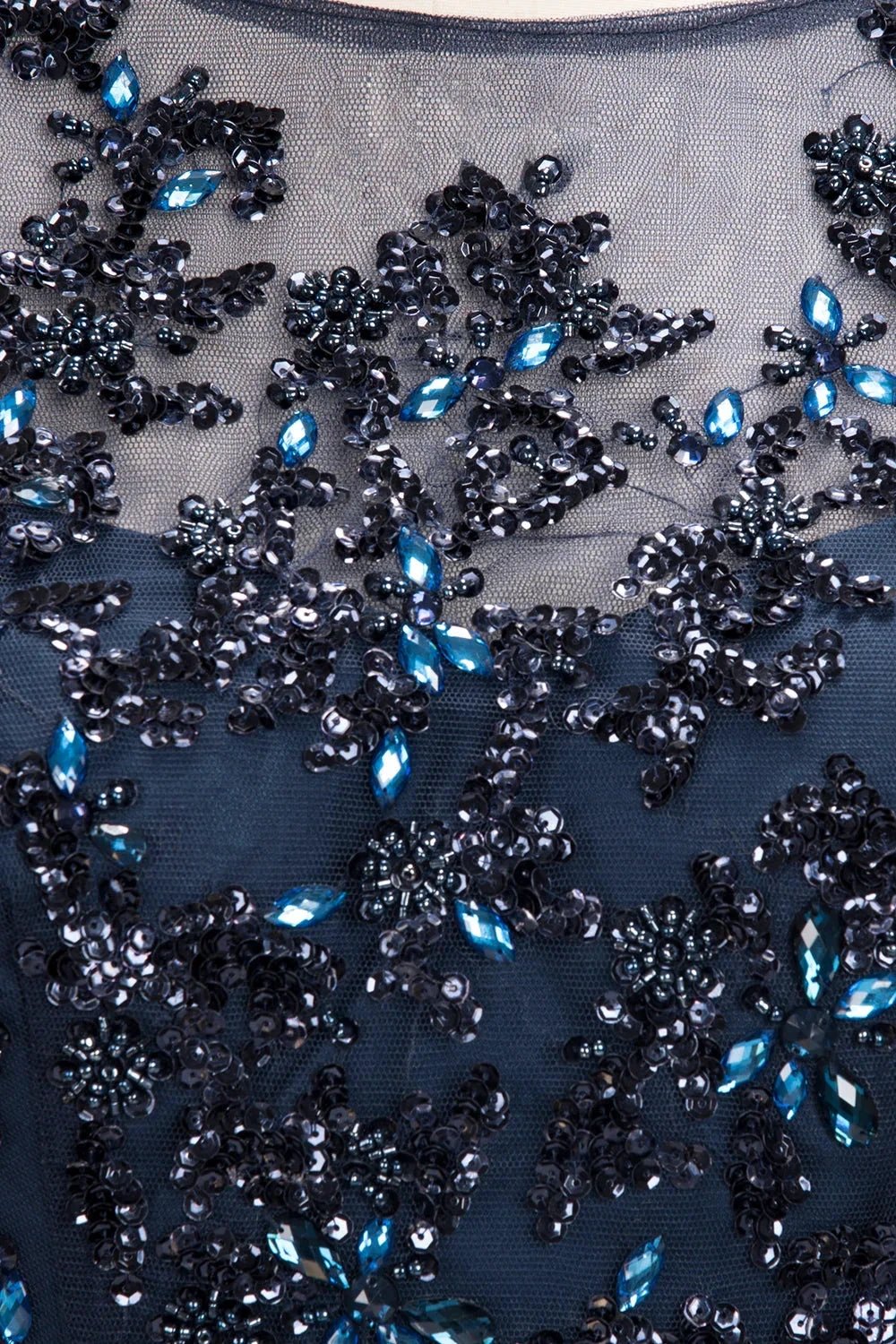 Dark Navy Long A-line Jewel Tulle Formal Evening Dresses with Sleeves by BIZTUNNEL
