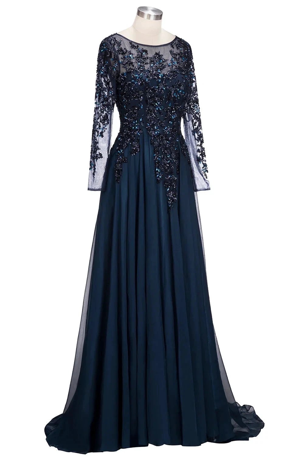 Dark Navy Long A-line Jewel Tulle Formal Evening Dresses with Sleeves by BIZTUNNEL