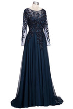 Dark Navy Long A-line Jewel Tulle Formal Evening Dresses with Sleeves by BIZTUNNEL