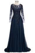 Dark Navy Long A-line Jewel Tulle Formal Evening Dresses with Sleeves by BIZTUNNEL
