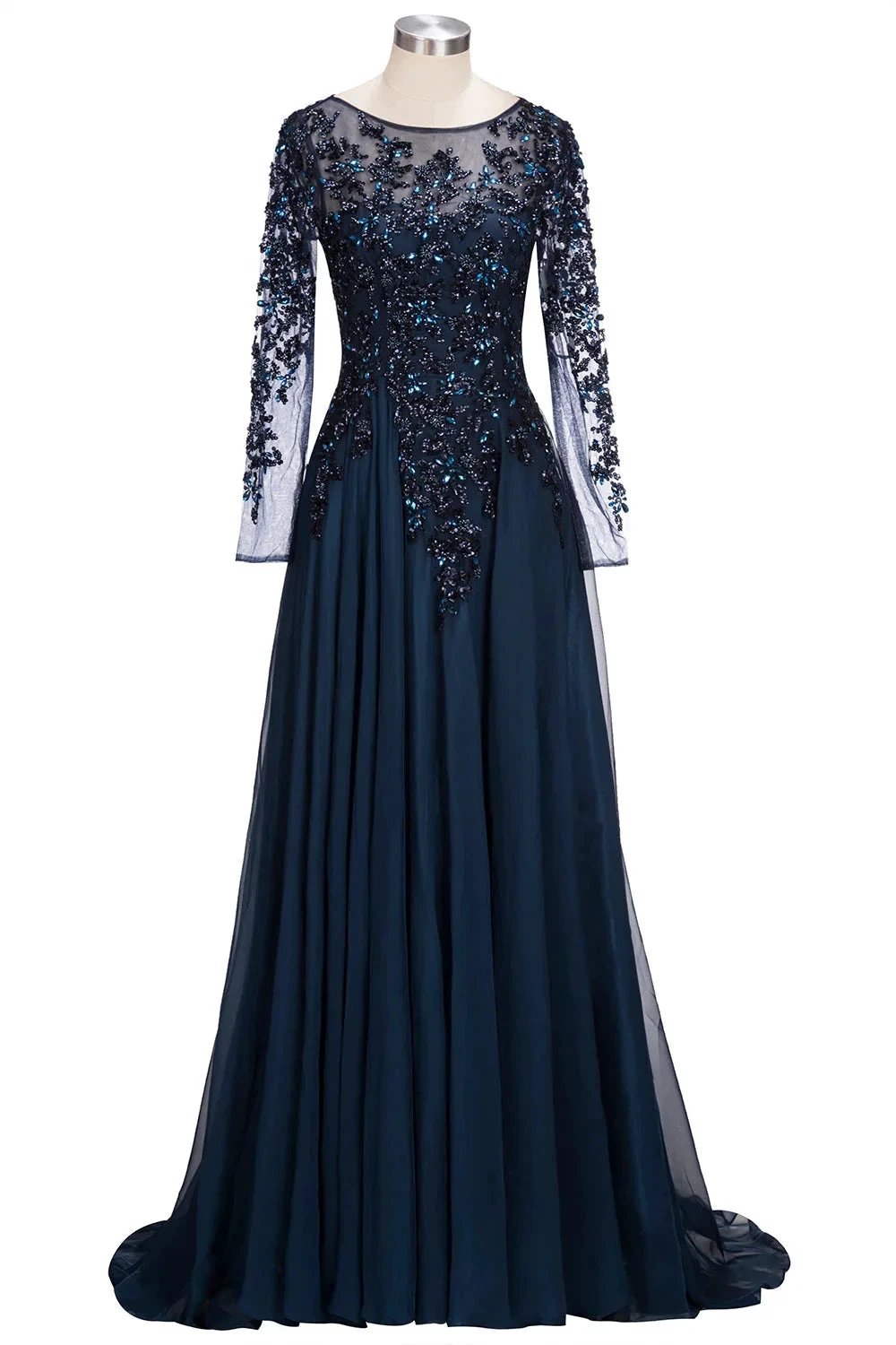 Dark Navy Long A-line Jewel Tulle Formal Evening Dresses with Sleeves by BIZTUNNEL