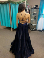 Dark Navy Long A-line V-neck Satin Open Back Formal Graduation Prom Dresses by BIZTUNNEL