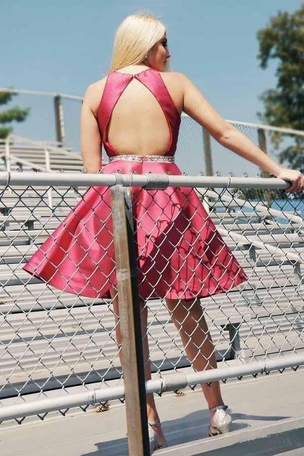 Dark Red Homecoming Dresses with Pocket Open Back Short Prom Dress  PD269 Main Image