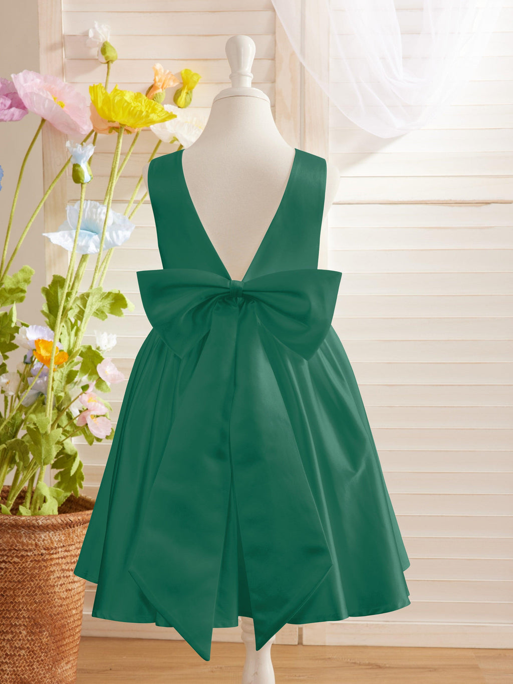 Elegant A-line Satin V-Back Bow Knee-length Flower Girl Dress - photo 1