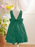 Elegant A-line Satin V-Back Bow Knee-length Flower Girl Dress - photo 1
