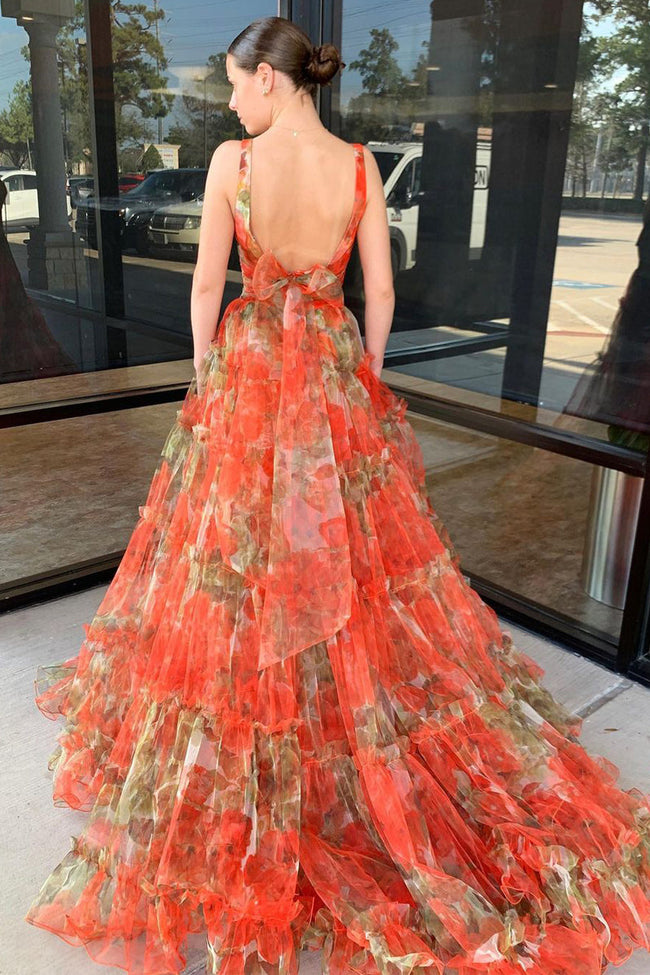 Darla | Orange Two Piece V-Neck Floral Printed Long Prom Dress Main Image