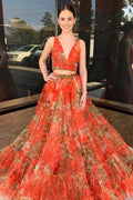 Darla | Orange Two Piece V-Neck Floral Printed Long Prom Dress by KissProm
