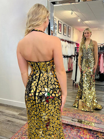 Darya | Vestido de fiesta de sirena con lentejuelas y cuello halter brillante con abertura