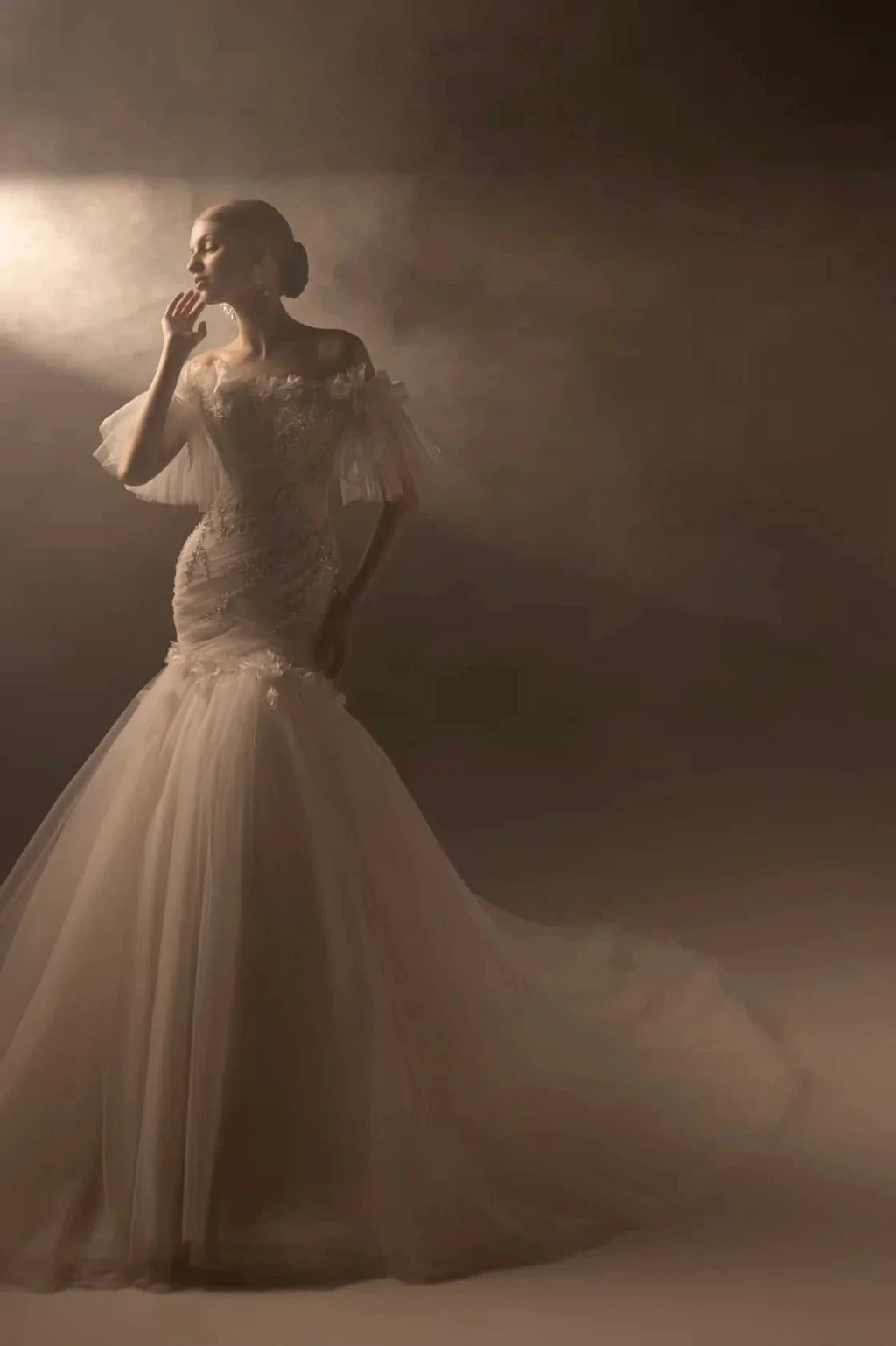 Ethereal Mermaid Off-the-Shoulder Tulle Wedding Dress with Beaded Embroidery & 3D Floral Accents H011 by ZAPDRESS