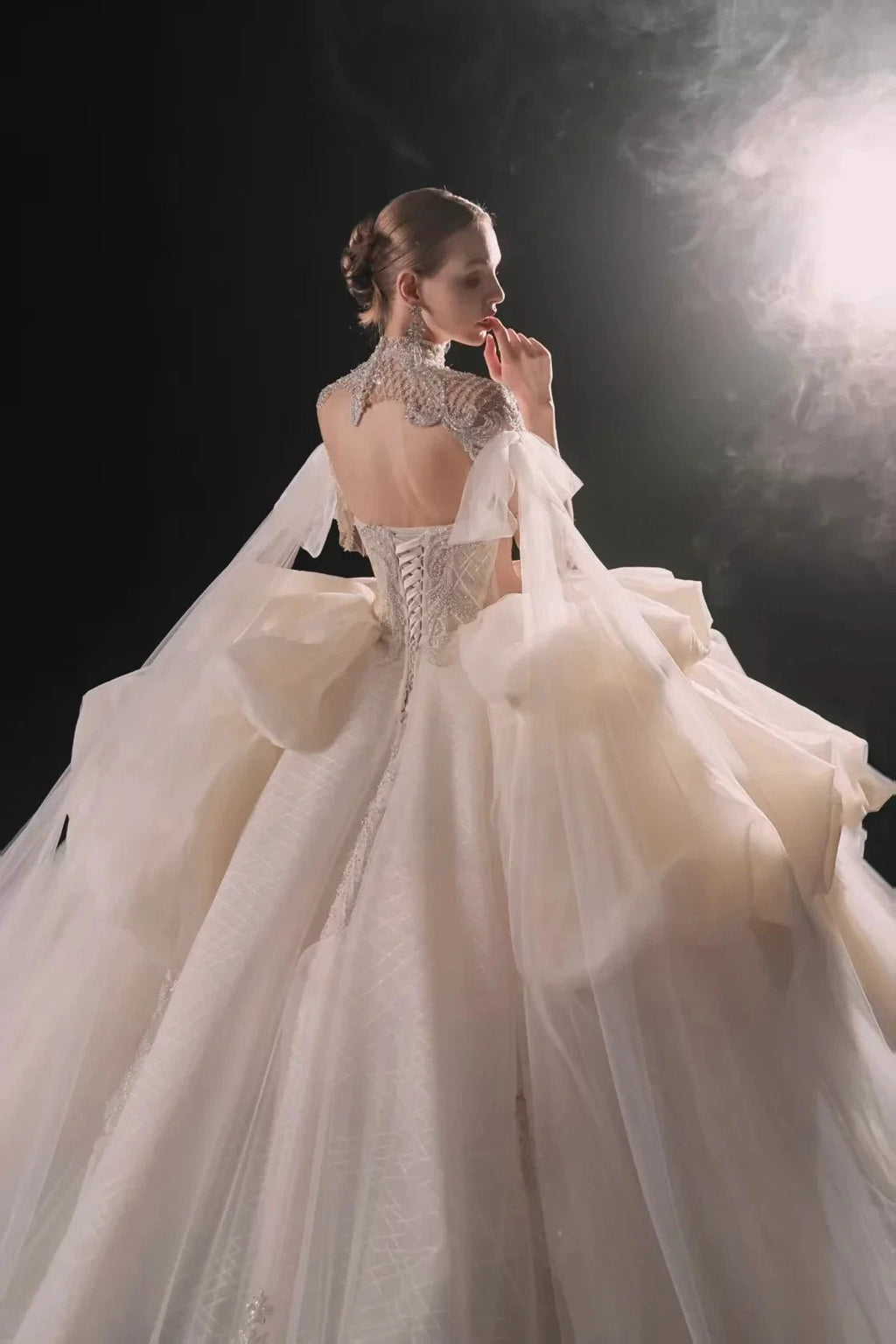 Opulent High-Neck Ball Gown Beaded Mesh Capelet Ruffled Skirt Wedding Dress with Sparkling Train Q6009 by ZAPDRESS