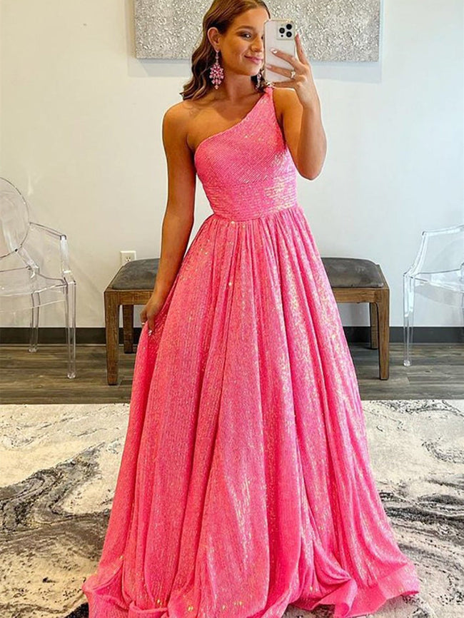 Charlee | Vestido de fiesta de lentejuelas con un solo hombro, corte A y bolsillos Hover Image