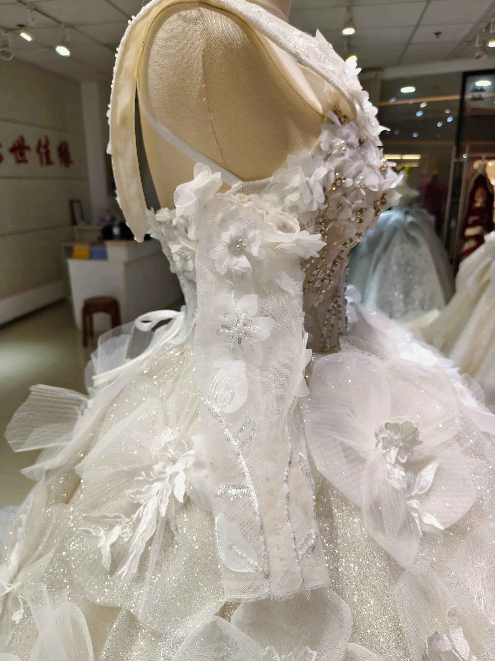 Ivory Petal Whisper Ballgown Organza Floral Bust & Bloom Train by ZAPDRESS