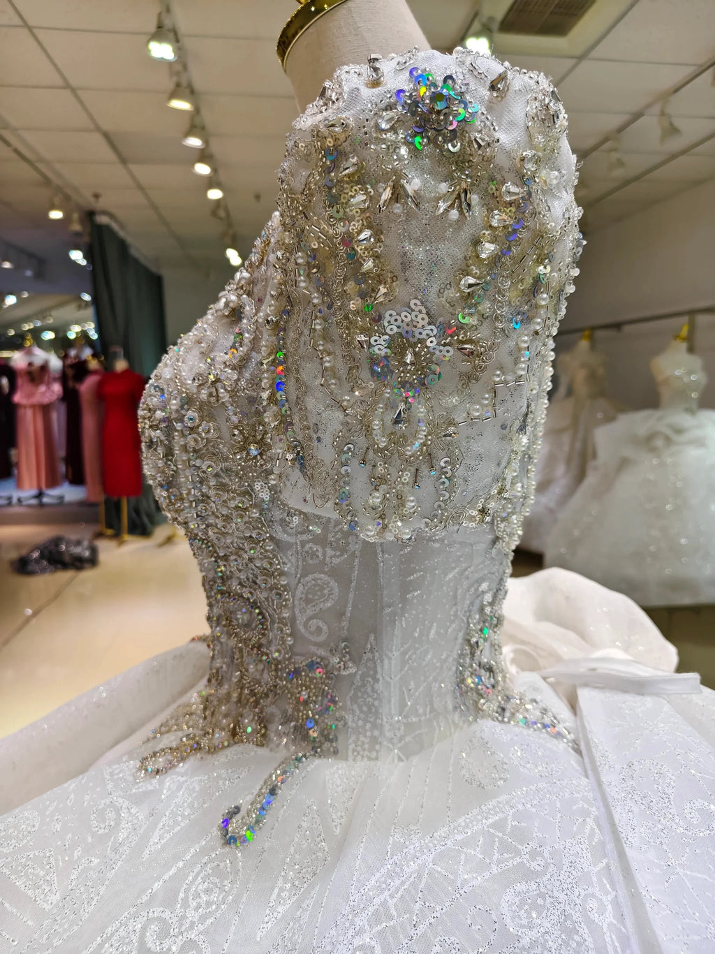 Silver Sparkle Cap-Sleeve Ballgown Beaded Bust & Bow Train by ZAPDRESS