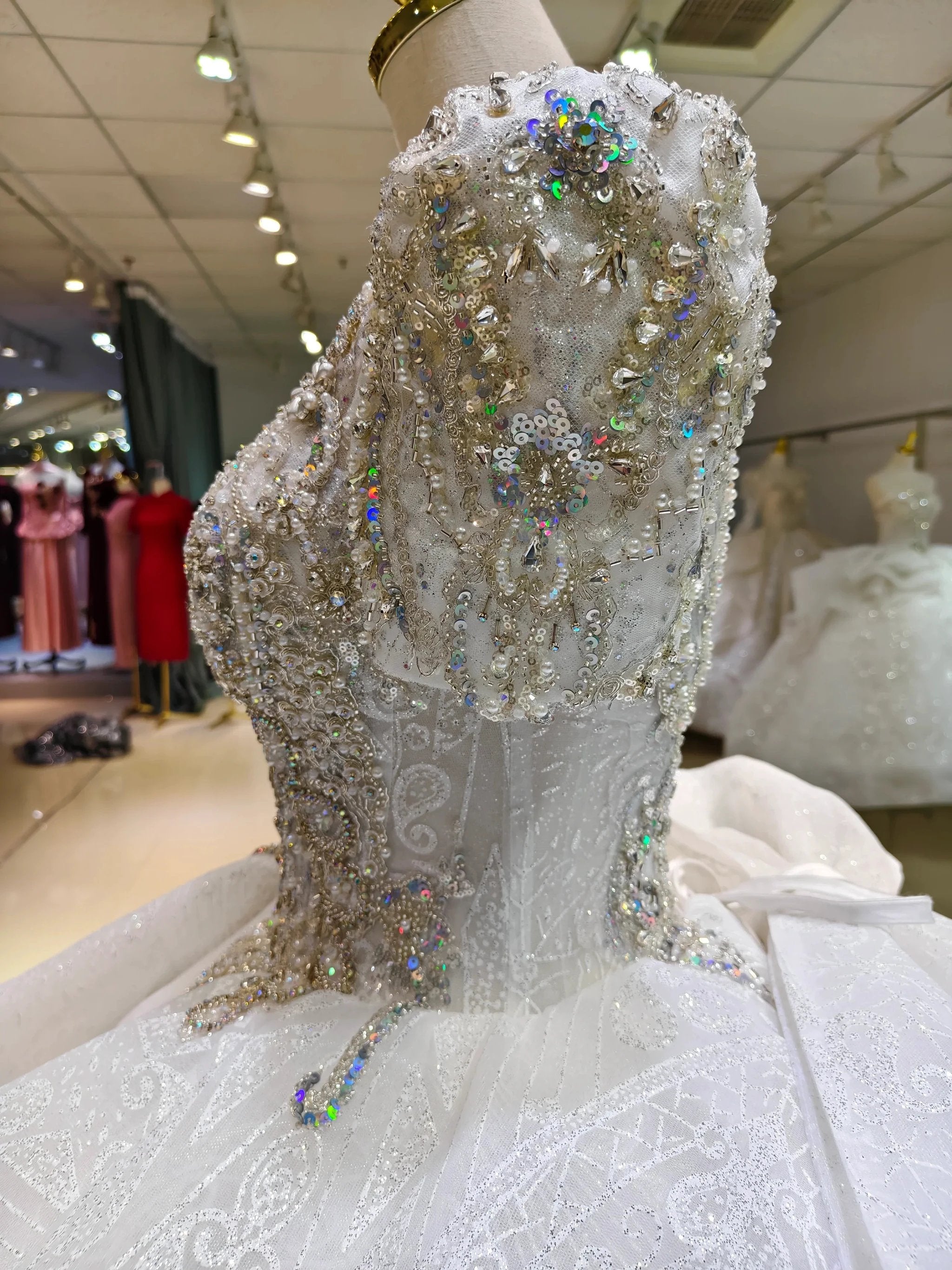 Silver Sparkle Cap-Sleeve Ballgown Beaded Bust & Bow Train by ZAPDRESS