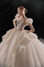 Elegant Sweetheart Ball Gown Lace Puff Sleeve Beaded Embroidery Wedding Dress with Flowing Train E-302 by ZAPDRESS