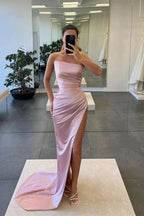 Long Mermaid Strapless Sleeveless Satin Prom Dress with Slit by BIZTUNNEL