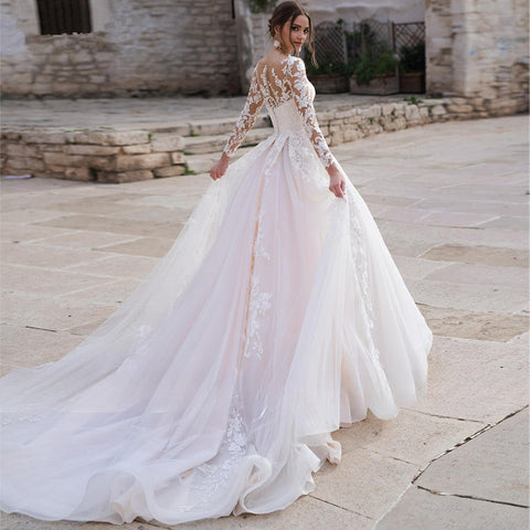 Sexy Deep V-neck Vestidos De Novia Appliques Vestido De Noiva Long Sleeves Wedding Dresses Lace Robe De Mariée