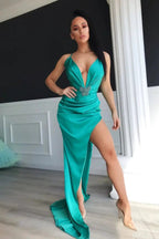 Sexy Long Mermaid V-Neck Satin Evening Prom Dress With Split by BIZTUNNEL