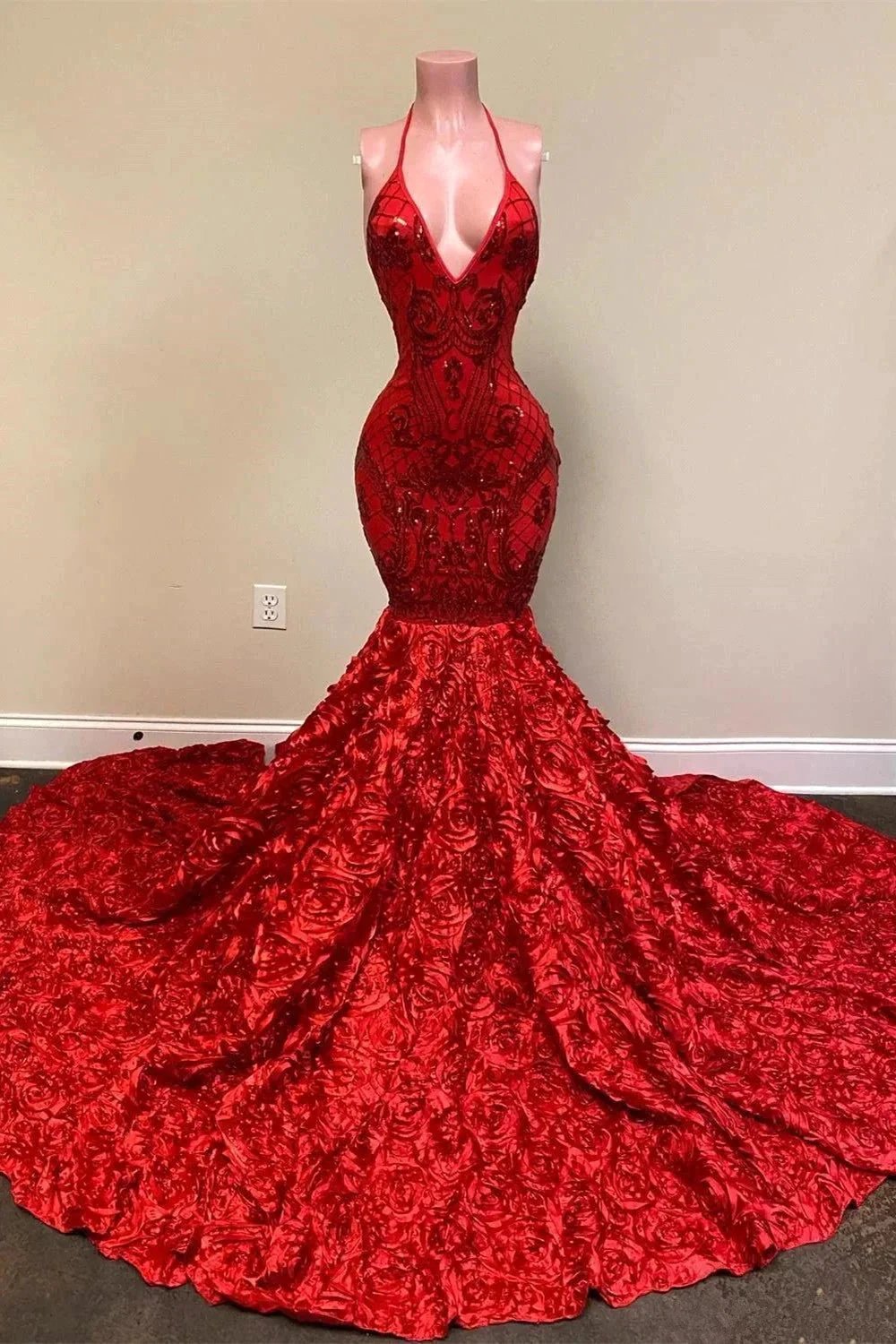 Sexy Deep V Neck Open Back Red Halter Spaghetti Straps Sequin Mermaid Prom Dress by BIZTUNNEL