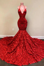 Sexy Deep V Neck Open Back Red Halter Spaghetti Straps Sequin Mermaid Prom Dress by BIZTUNNEL