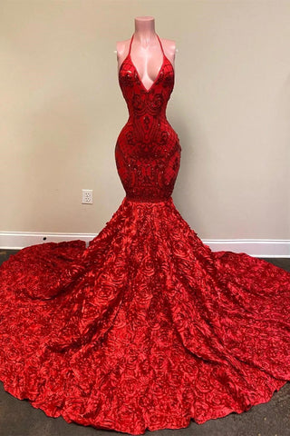 Sexy Deep V Neck Open Back Red Halter Spaghetti Straps Sequin Mermaid Prom Dress
