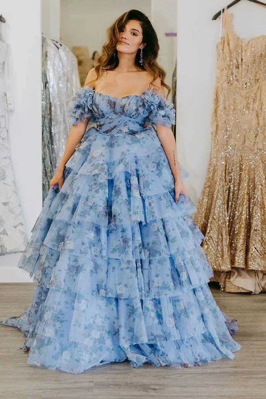 Sigourney | Blue Floral Tiered A-Line Long Prom Dress with Ruffles by KissProm
