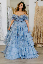 Sigourney | Blue Floral Tiered A-Line Long Prom Dress with Ruffles by KissProm