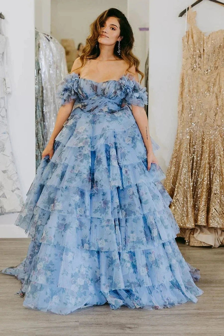 Sigourney | Blue Floral Tiered A-Line Long Prom Dress with Ruffles by KissProm