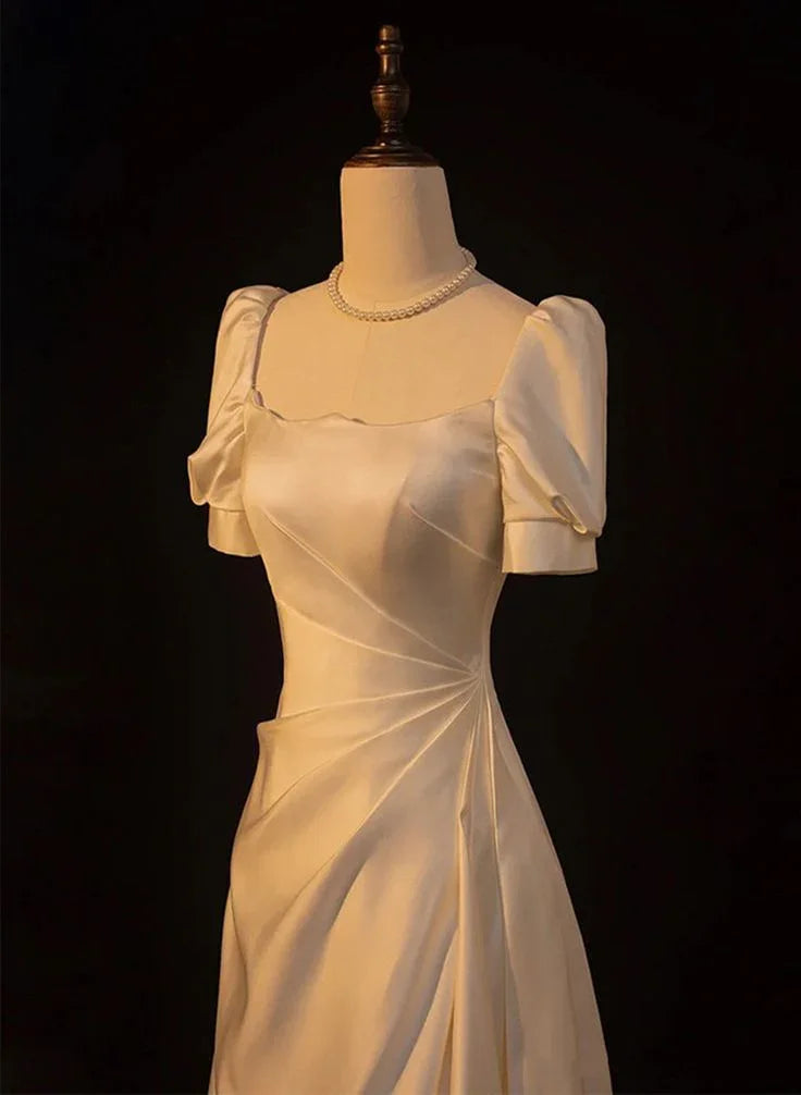 Elegant White Satin A-line Wedding Party Dress Long Prom Dress Evening Gown Y7546 by simplepromdress