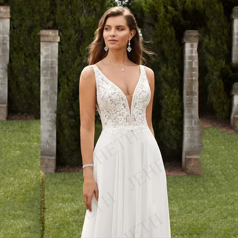Wedding Dresses Vintage A Line Boho Lace V Neck Split Sleeveless Bridal Gown Vestidos De Novia Backless Appliques Women